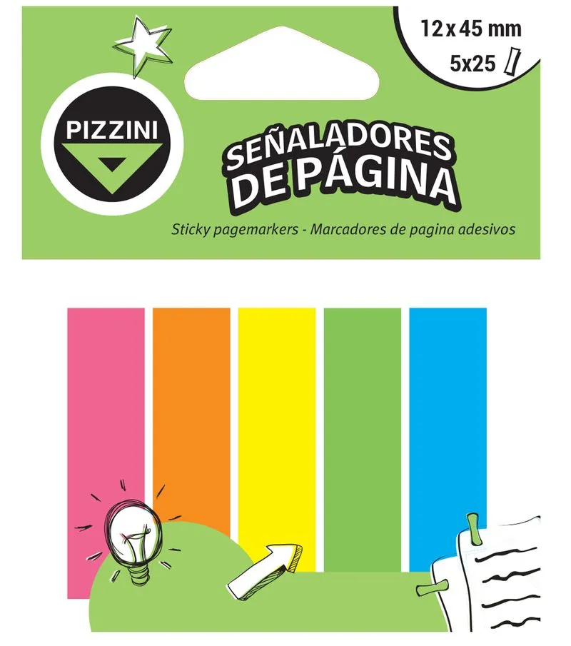 [100605] Notas Autoadhesivas Pizzini 12x45mm 5 señaladores 25 hojas Flúor (x10)